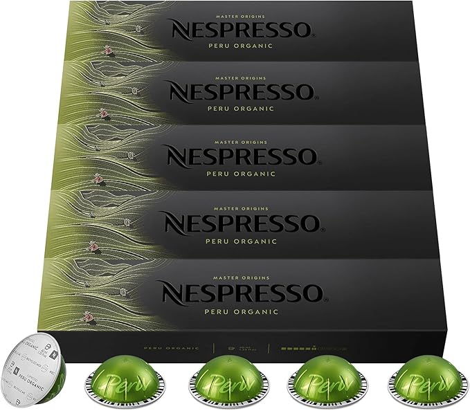 Pack de 50 cápsulas Nespresso Vertuo Peru Organic. Café Espresso (40ml) ecológico de intensidad 6, con un perfil afrutado y notas de cereal tostado. Nespresso - frontal