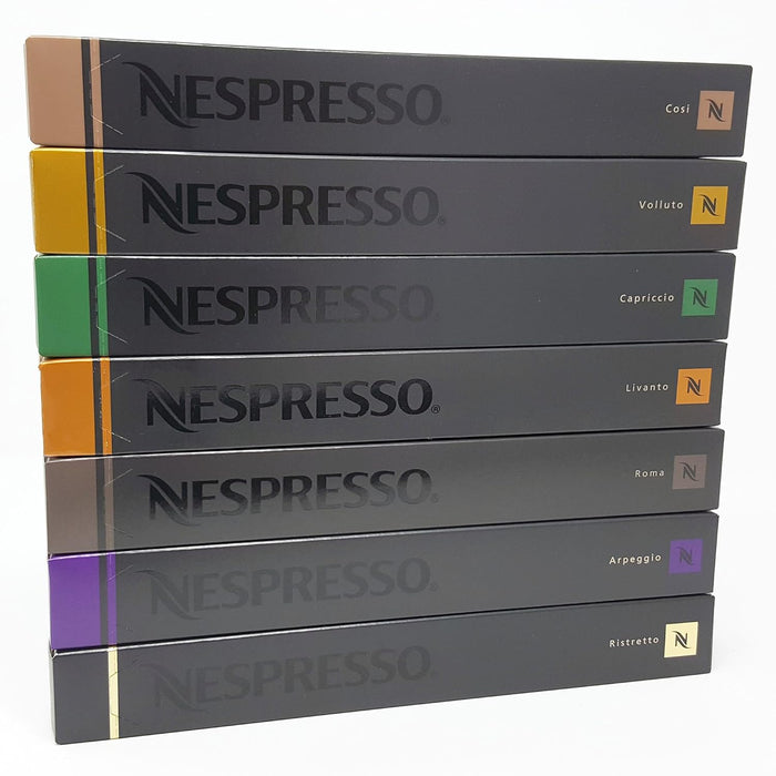 Pack de iniciación Nespresso con 70 cápsulas de 7 variedades de espresso. Descubre los clásicos Ristretto, Arpeggio, Roma, Livanto, Capriccio, Volluto y Cosi. Nespresso - frontal