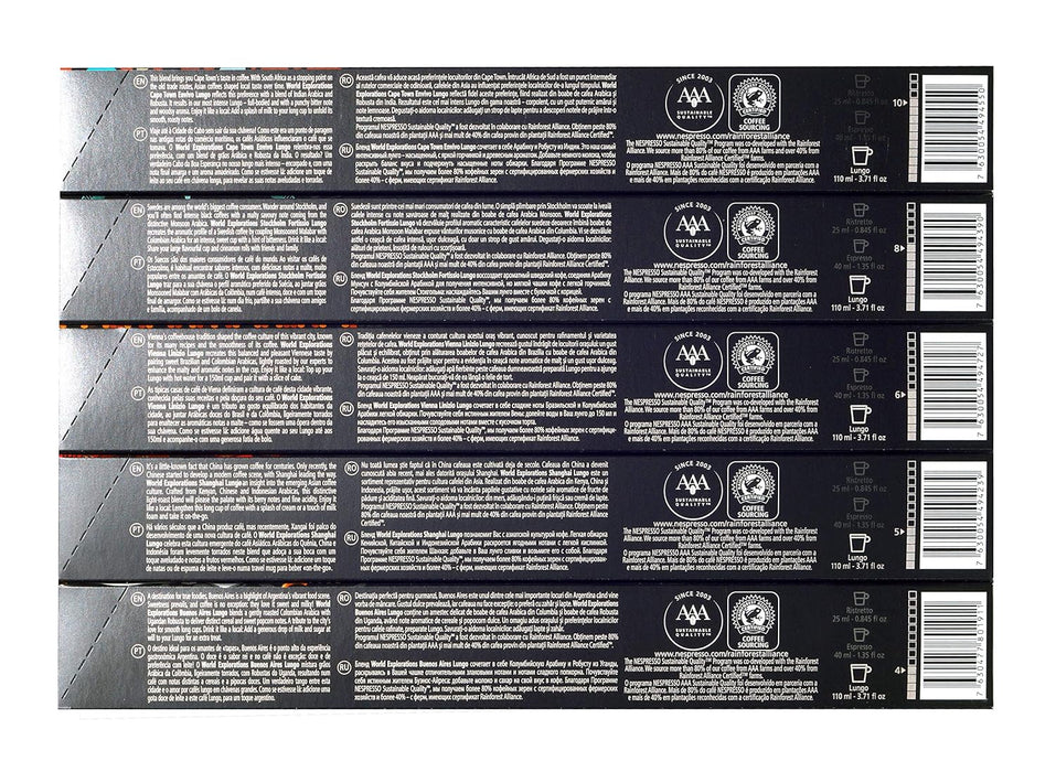 Pack Exclusivo Nespresso World Explorations con 50 Cápsulas de Café Lungo. Surtido con las variedades Envivo, Fortissio, Linizio, Shanghai y Buenos Aires. Nespresso - detalle