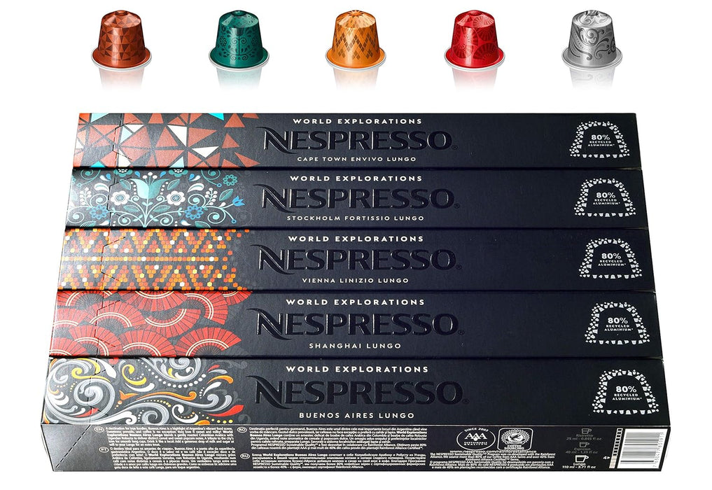 Pack Exclusivo Nespresso World Explorations con 50 Cápsulas de Café Lungo. Surtido con las variedades Envivo, Fortissio, Linizio, Shanghai y Buenos Aires. Nespresso - frontal