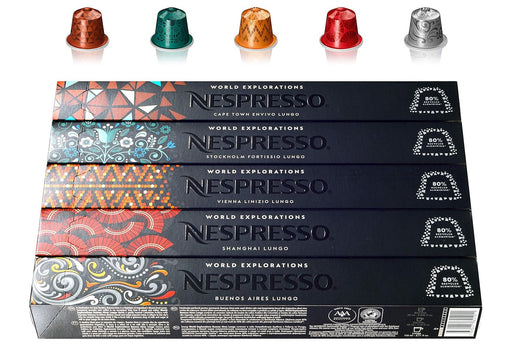 Pack Exclusivo Nespresso World Explorations con 50 Cápsulas de Café Lungo. Surtido con las variedades Envivo, Fortissio, Linizio, Shanghai y Buenos Aires. Nespresso - frontal