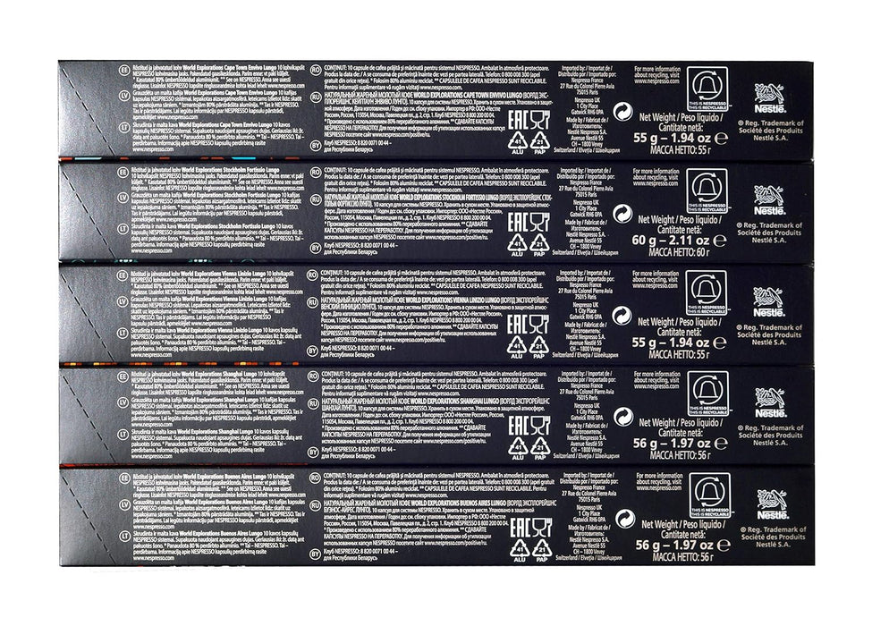 Pack Exclusivo Nespresso World Explorations con 50 Cápsulas de Café Lungo. Surtido con las variedades Envivo, Fortissio, Linizio, Shanghai y Buenos Aires. Nespresso - ingredientes