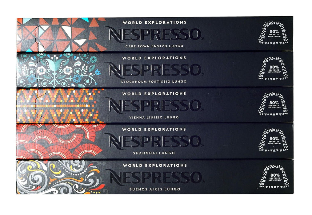 Pack Exclusivo Nespresso World Explorations con 50 Cápsulas de Café Lungo. Surtido con las variedades Envivo, Fortissio, Linizio, Shanghai y Buenos Aires. Nespresso - pack