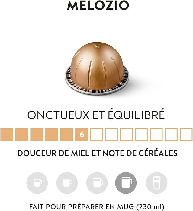 Pack Grande 60 Cápsulas Nespresso Vertuo Melozio. Tu café favorito, suave y equilibrado para taza de 230ml, en un formato más grande para no quedarte nunca sin él. Nespresso - ingredientes
