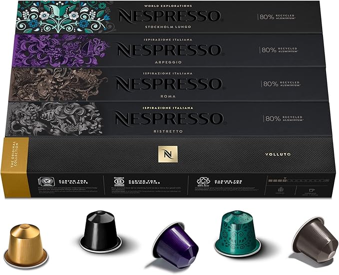 Pack Surtido de 50 Cápsulas de Café Nespresso Original. Incluye 5 variedades de tuestes variados: Roma, Ristretto, Arpeggio, Volluto y Stockholm Lungo. Nespresso - frontal