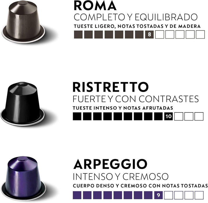 Pack Surtido de 50 Cápsulas de Café Nespresso Original. Incluye 5 variedades de tuestes variados: Roma, Ristretto, Arpeggio, Volluto y Stockholm Lungo. Nespresso - pack