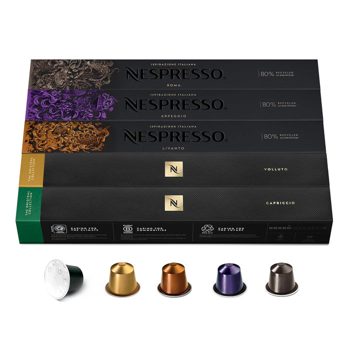 Pack Surtido de 50 Cápsulas Nespresso Original con 5 variedades de café Espresso. Incluye Arpeggio, Roma, Livanto, Capriccio y Volluto para cafeteras Nespresso Original. Nespresso - presentacion