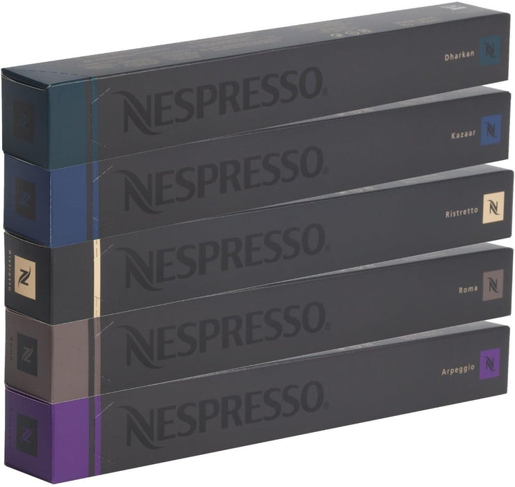 Pack Surtido de 50 Cápsulas Nespresso Originales, una selección de cafés intensos que incluye 10x Roma, 10x Ristretto, 10x Kazaar, 10x Arpeggio y 10x Dharkan. Nespresso - frontal