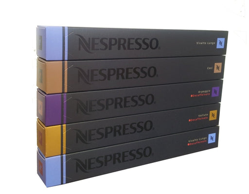 Pack Surtido de 50 Cápsulas Nespresso, una selección equilibrada con variedades con y sin cafeína como Arpeggio, Roma, Decaffeinato Intenso y Decaffeinato Lungo. Nespresso - frontal