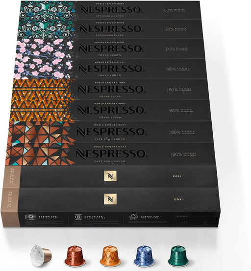 Pack Surtido Nespresso 100 Cápsulas Originales para Espresso y Lungo. Incluye Stockholm, Tokyo, Vienna, Cape Town Lungo y Cosi. Intensidades de 4 a 10. Nespresso - frontal