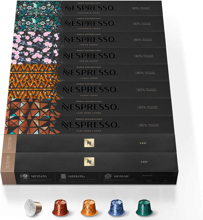 Pack Surtido Nespresso 100 Cápsulas Originales para Espresso y Lungo. Incluye Stockholm, Tokyo, Vienna, Cape Town Lungo y Cosi. Intensidades de 4 a 10. Nespresso - frontal