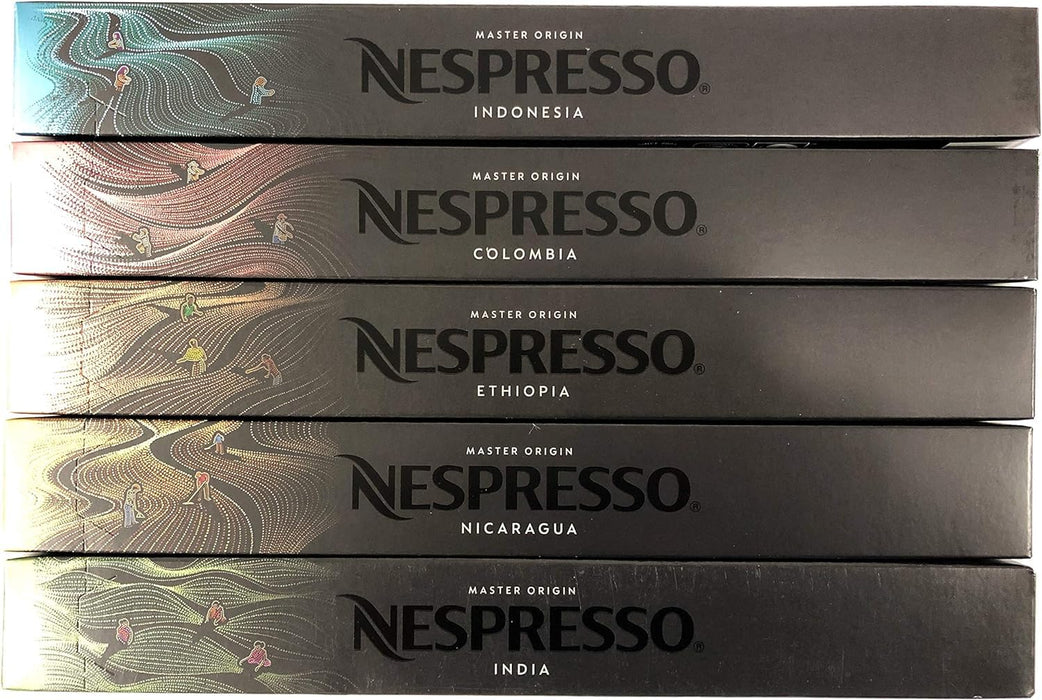 Pack Surtido Nespresso Master Origin con 50 cápsulas. Descubre 5 orígenes únicos: Colombia, Etiopía, India, Indonesia y Nicaragua. Un viaje para tu paladar. Nespresso - frontal