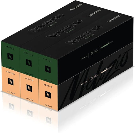 Pack Variado de 60 Cápsulas Nespresso Vertuo con 30 de Melozio (suave, intensidad 6) y 30 de Stormio (intenso, intensidad 8). El equilibrio perfecto para tus tazas grandes (230ml). Nespresso - frontal