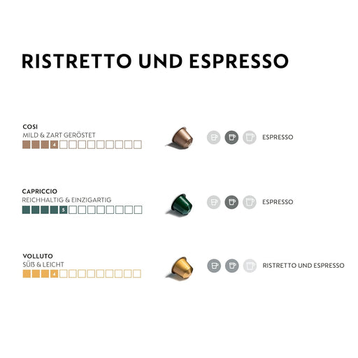 Selección de Espressos Suaves Nespresso Original, pack de 50 cápsulas. Descubre la delicadeza de Capriccio, Volluto y Cosi en esta colección de cafés ligeros. Nespresso - pack