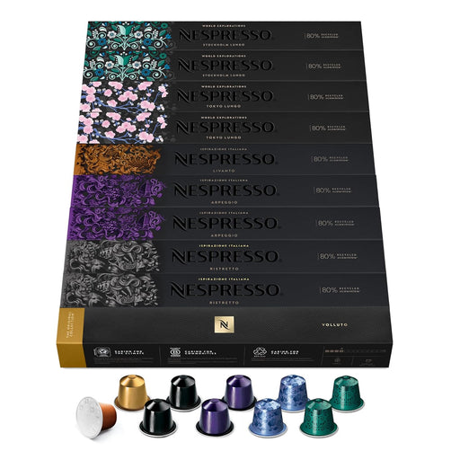 Selección de los Favoritos Nespresso Original, pack de 100 cápsulas. Una colección con los cafés Espresso y Lungo más icónicos: Ristretto, Arpeggio y más. Nespresso - frontal