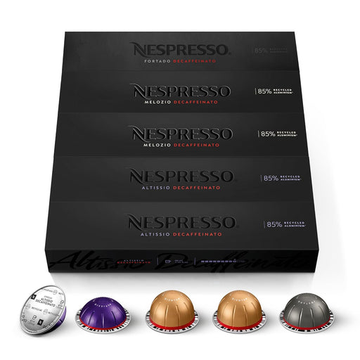Selección Descafeinado Nespresso Vertuo, pack de 50 cápsulas. Disfruta de 3 variedades de café sin cafeína: Melozio, Altissio y Fortado Decaffeinato. Nespresso - frontal