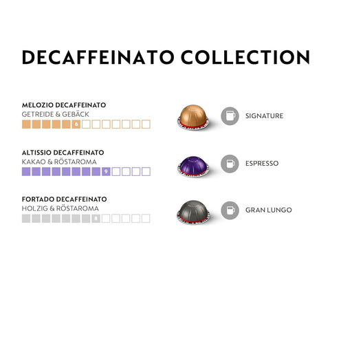 Selección Descafeinado Nespresso Vertuo, pack de 50 cápsulas. Disfruta de 3 variedades de café sin cafeína: Melozio, Altissio y Fortado Decaffeinato. Nespresso - pack