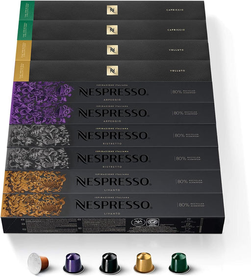 Selección Equilibrada Nespresso: Pack de 100 cápsulas Original con 5 variedades. Incluye Arpeggio, Ristretto, Livanto, Volluto y Capriccio. Intensidades de 4 a 10. Para todos los gustos. Nespresso - frontal