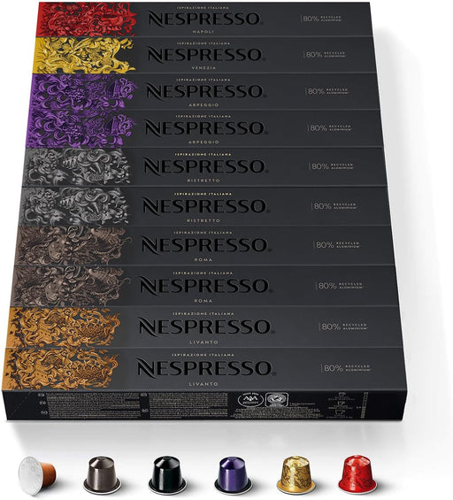 Selección Inspiración Italiana Nespresso: Pack de 100 cápsulas Original con 6 cafés intensos. Incluye Arpeggio, Ristretto, Roma, Livanto, Napoli y Venezia. Intensidades de 6 a 13. Nespresso - frontal
