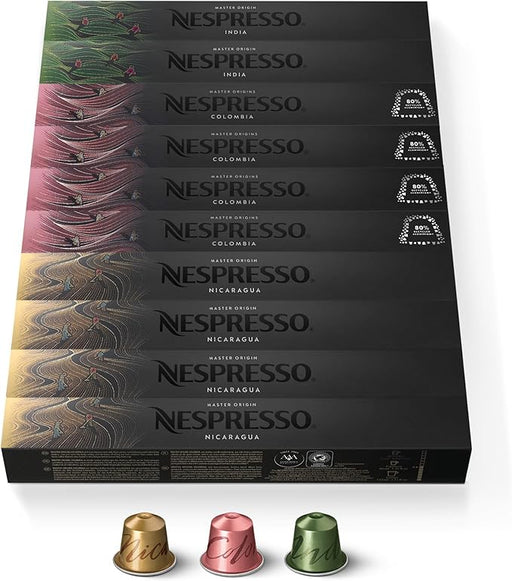 Selección Master Origins Nespresso Original, pack de 100 cápsulas. Descubre la intensidad de India y el equilibrio de Colombia y Nicaragua en esta colección. Nespresso - frontal