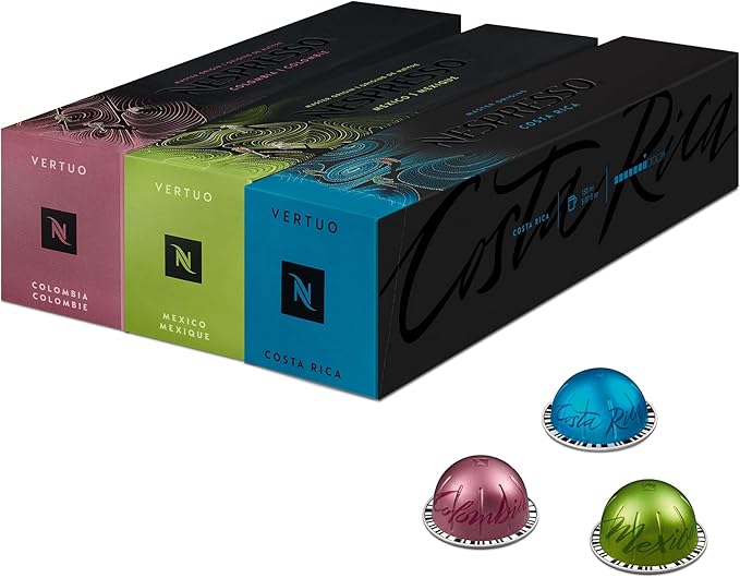 Selección Master Origins Nespresso Vertuo, pack de 30 cápsulas. Descubre los sabores de México, Colombia y Costa Rica en esta colección de cafés de origen. Nespresso - frontal