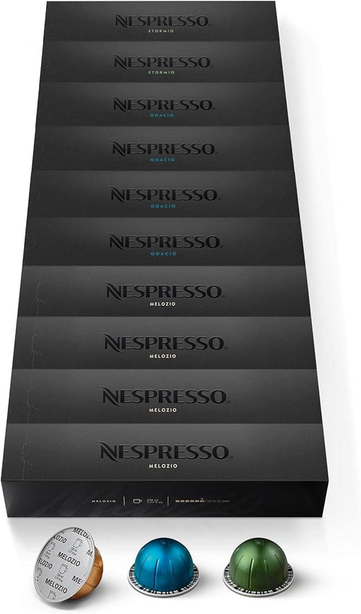 Selección Taza Grande Nespresso Vertuo, pack de 100 cápsulas. Incluye 40 Melozio (Int. 6), 20 Odacio (Int. 7) y 40 Stormio (Int. 8) para tu café de 230ml. Nespresso - frontal