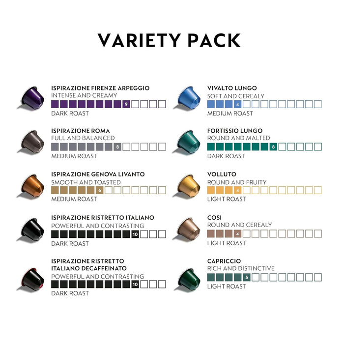 Surtido de 100 Cápsulas de Café Nespresso Original. Un pack mixto con 10 variedades de espresso y lungo para descubrir tu favorito. Compatible con cafeteras Nespresso Original. Nespresso - detalle