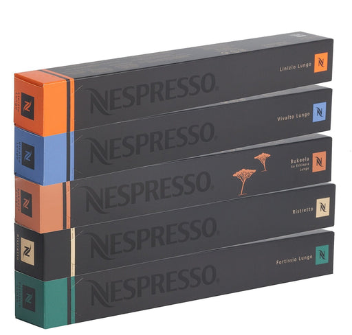 Surtido de 50 Cápsulas de Café Nespresso Original. Pack de degustación con 5 variedades de cafés Lungo y Ristretto: Vienna Lungo, Tokyo Lungo, Ethiopia, Ristretto y Stockholm Lungo. Nespresso - frontal