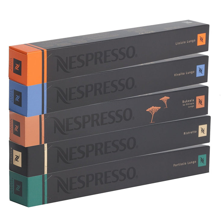 Surtido de 50 Cápsulas de Café Nespresso Original. Pack de degustación con 5 variedades de cafés Lungo y Ristretto: Vienna Lungo, Tokyo Lungo, Ethiopia, Ristretto y Stockholm Lungo. Nespresso - frontal