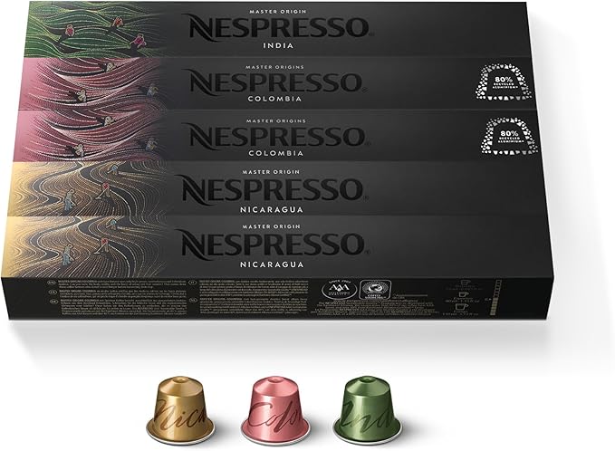 Surtido Master Origins Nespresso Original, pack de 50 cápsulas. Un viaje por los sabores de Indonesia, India, Colombia, Nicaragua y Peru Organic. Nespresso - frontal