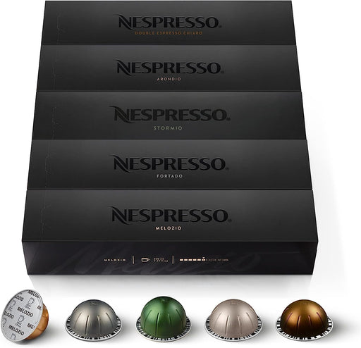 Surtido Nespresso Vertuo 50 Cápsulas Multiformato. Selección de cafés para Mug (230ml), Gran Lungo (150ml) y Doble Espresso (80ml). Incluye Melozio, Fortado, Stormio, Arondio y Chiaro. Nespresso - frontal