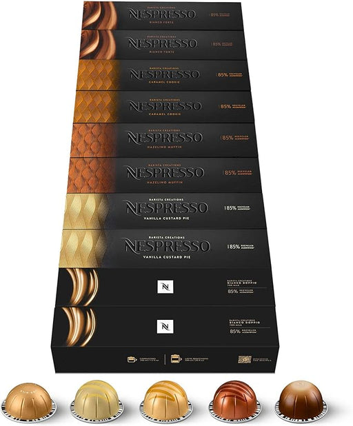 Surtido Nespresso Vertuo Barista Creations 100 Cápsulas. El pack definitivo para recetas con leche, incluye Vainilla, Caramelo, Avellana, Bianco Doppio y Bianco Forte. Para cafeteras Vertuo. Nespresso - frontal