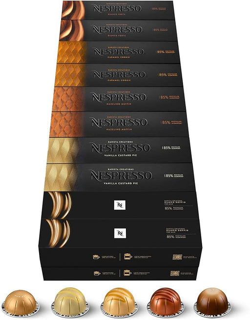 Surtido Nespresso Vertuo Barista Creations 200 Cápsulas. Mega pack para recetas con leche, 40x Vainilla, 40x Caramelo, 40x Avellana, 40x Bianco Leggero y 40x Bianco Forte. Para Vertuo. Nespresso - frontal