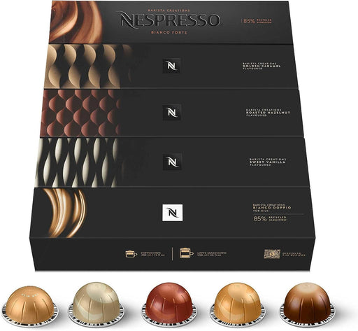 Surtido Nespresso Vertuo Barista Creations 50 Cápsulas. Pack de descubrimiento con cafés aromatizados y para leche: Vainilla, Caramelo, Avellana, Bianco Doppio y Bianco Forte para Vertuo. Nespresso - frontal