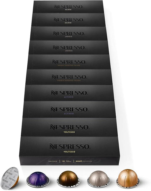 Surtido Nespresso Vertuo Top Selection 100 Cápsulas. Pack con los 5 cafés más vendidos para todos los tamaños: Voltesso, Altissio, Chiaro, Arondio y Melozio. Para sistema de café Vertuo. Nespresso - frontal