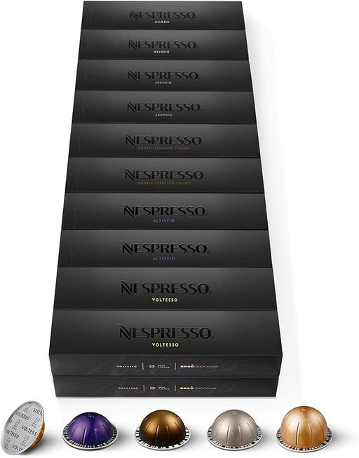 Surtido Nespresso Vertuo Top Selection 200 Cápsulas. Mega pack con los 5 cafés más vendidos en todos los tamaños: Voltesso, Altissio, Chiaro, Arondio y Melozio. Para cafeteras Vertuo. Nespresso - frontal