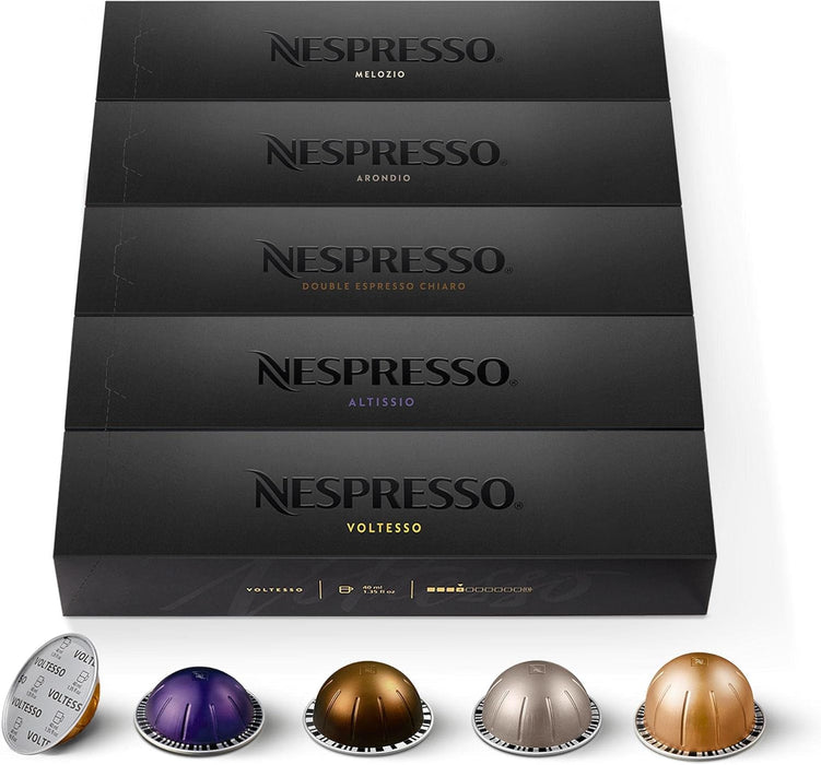 Surtido Nespresso Vertuo Top Selection 50 Cápsulas. El pack de descubrimiento perfecto con los 5 cafés más vendidos: Voltesso, Altissio, Chiaro, Arondio y Melozio. Para cafeteras Vertuo. Nespresso - frontal