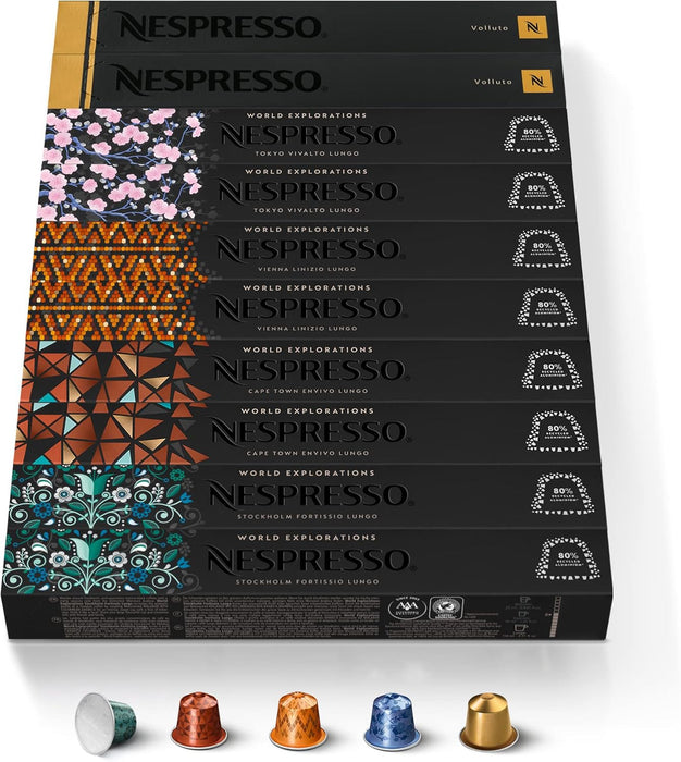 Surtido World Explorations Nespresso Original, pack de 100 cápsulas. Descubre 5 cafés Lungo del mundo y el suave Espresso Volluto en esta colección única. Nespresso - extra