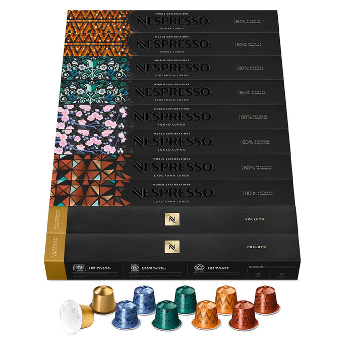Surtido World Explorations Nespresso Original, pack de 100 cápsulas. Descubre 5 cafés Lungo del mundo y el suave Espresso Volluto en esta colección única. Nespresso - frontal