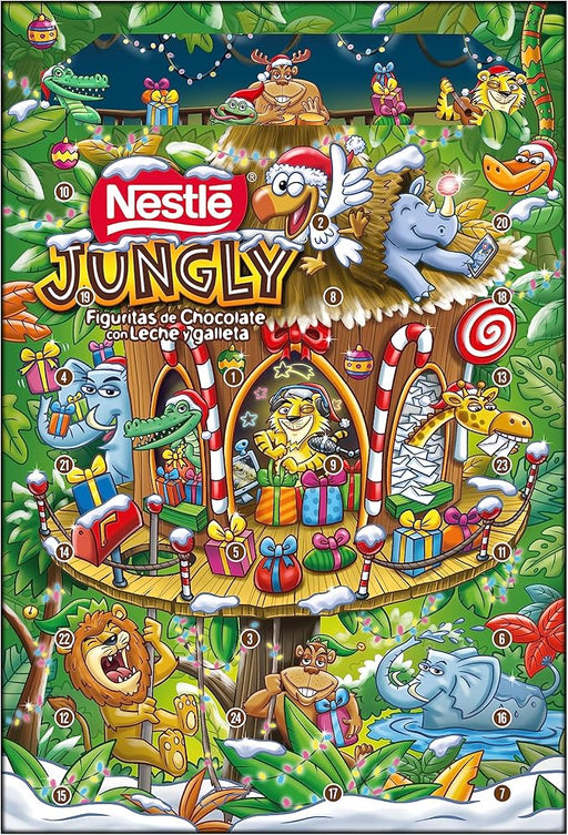 Calendario de Adviento Nestlé Jungly con 24 figuritas de chocolate con leche y galleta (187g). La cuenta atrás más salvaje y deliciosa con el sabor del chocolate más buscado. Nestlé - frontal