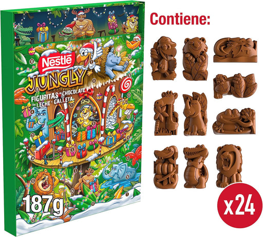 Calendario de Adviento Nestlé Jungly con 24 figuritas de chocolate con leche y galleta (187g). La cuenta atrás más salvaje y deliciosa con el sabor del chocolate más buscado. Nestlé - pack