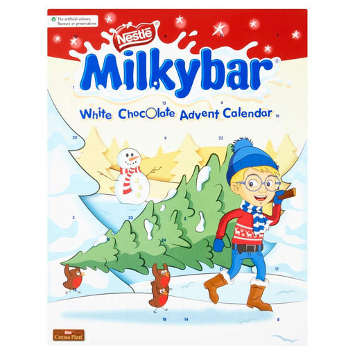Milkybar Calendario de Adviento con 24 figuras de chocolate blanco (85g). La cuenta atrás más dulce y cremosa para los niños, elaborada con ingredientes naturales. Nestlé - frontal