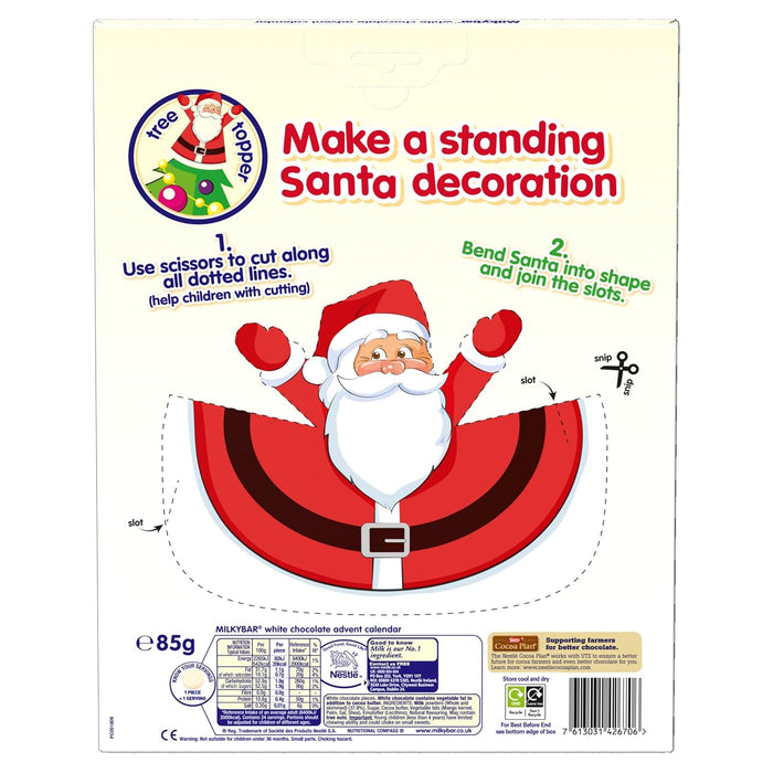 Milkybar Calendario de Adviento con 24 figuras de chocolate blanco (85g). La cuenta atrás más dulce y cremosa para los niños, elaborada con ingredientes naturales. Nestlé - uso