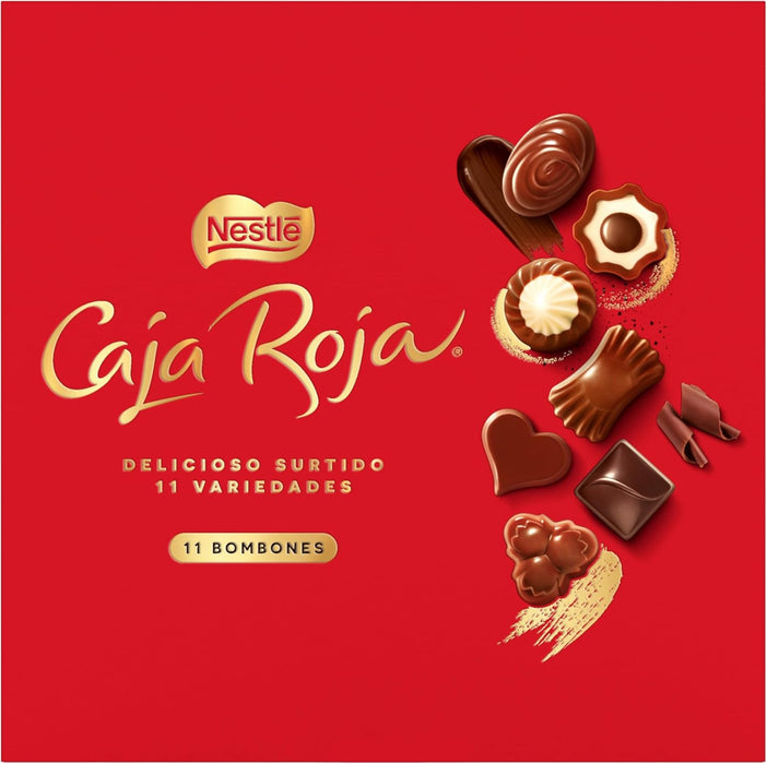 Nestlé Caja Roja, el surtido de 11 bombones de chocolate con leche, negro y blanco en estuche de 100g. Un regalo clásico con aromas 100% naturales y cacao sostenible. Nestlé - ingredientes