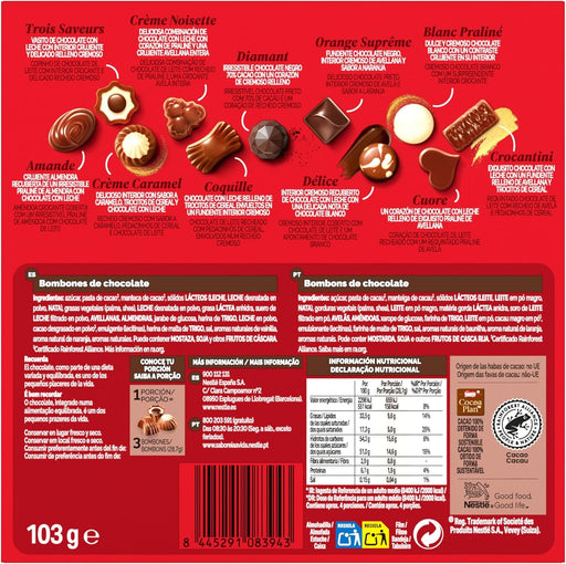 Nestlé Caja Roja, el surtido de 11 bombones de chocolate con leche, negro y blanco en estuche de 100g. Un regalo clásico con aromas 100% naturales y cacao sostenible. Nestlé - pack