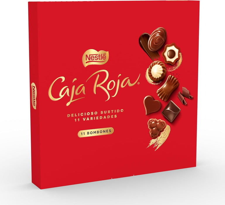 Nestlé Caja Roja, el surtido de 11 bombones de chocolate con leche, negro y blanco en estuche de 100g. Un regalo clásico con aromas 100% naturales y cacao sostenible. Nestlé - uso