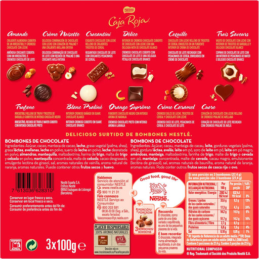 Nestlé Caja Roja, lote de 3 estuches de 100g de bombones de chocolate con leche. El surtido ideal para regalar, fabricado con leche fresca y cacao de cultivo sostenible. Nestlé - pack