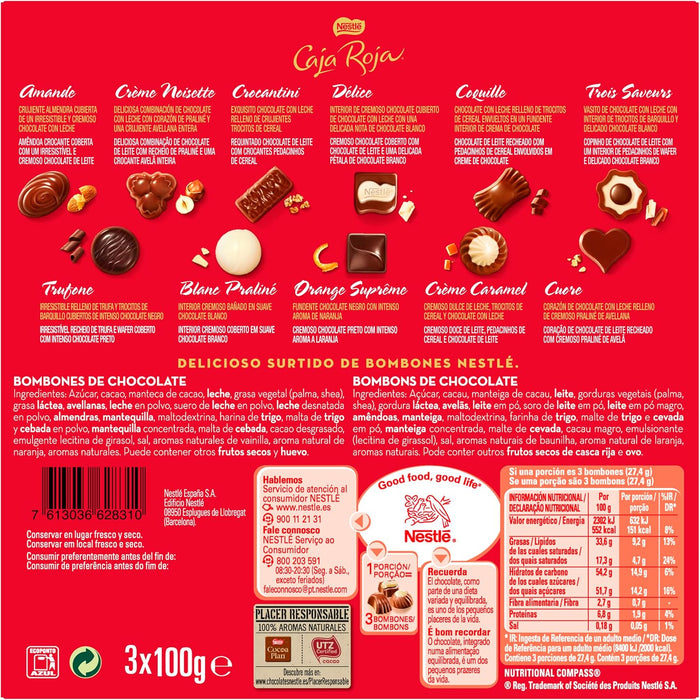 Nestlé Caja Roja, lote de 3 estuches de 100g de bombones de chocolate con leche. El surtido ideal para regalar, fabricado con leche fresca y cacao de cultivo sostenible. Nestlé - pack