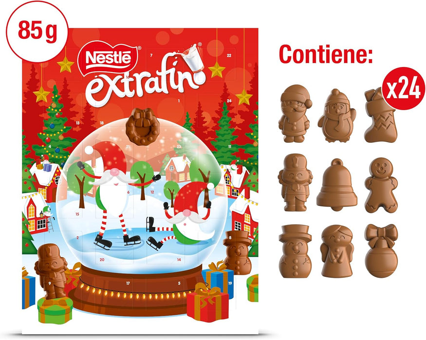 Nestlé Extrafino Calendario de Adviento con 24 figuritas de chocolate con leche (85g). La cuenta atrás más divertida para niños con cacao de cultivo sostenible. Nestlé - ingredientes