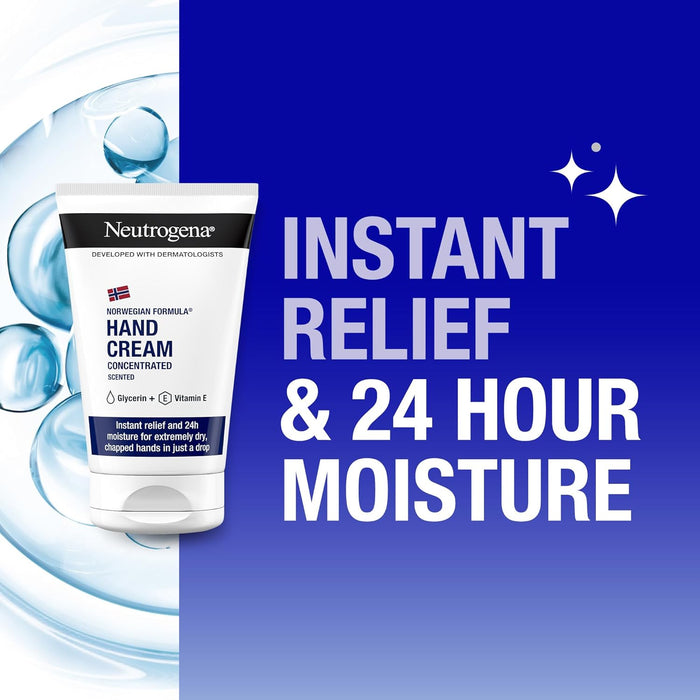 Crema de Manos Concentrada Neutrogena con Perfume (50 ml). La icónica crema reparadora con Fórmula Noruega, glicerina y vitamina E para el alivio inmediato de manos secas y agrietadas. Neutrogena - detalle